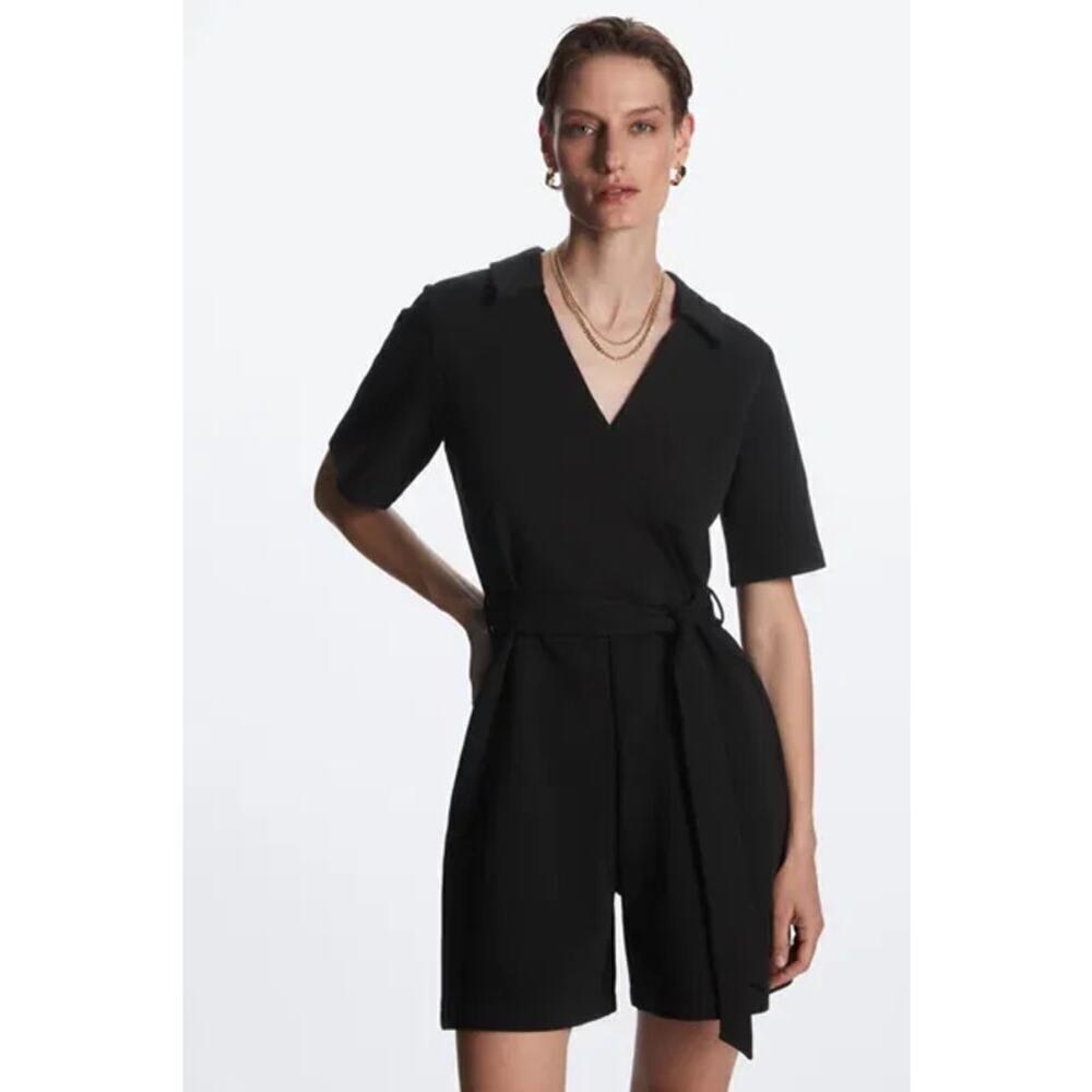 COS Short Sleeve V-Neck Belted Wrap-Effect Playsuit Black Women's Size S NWT